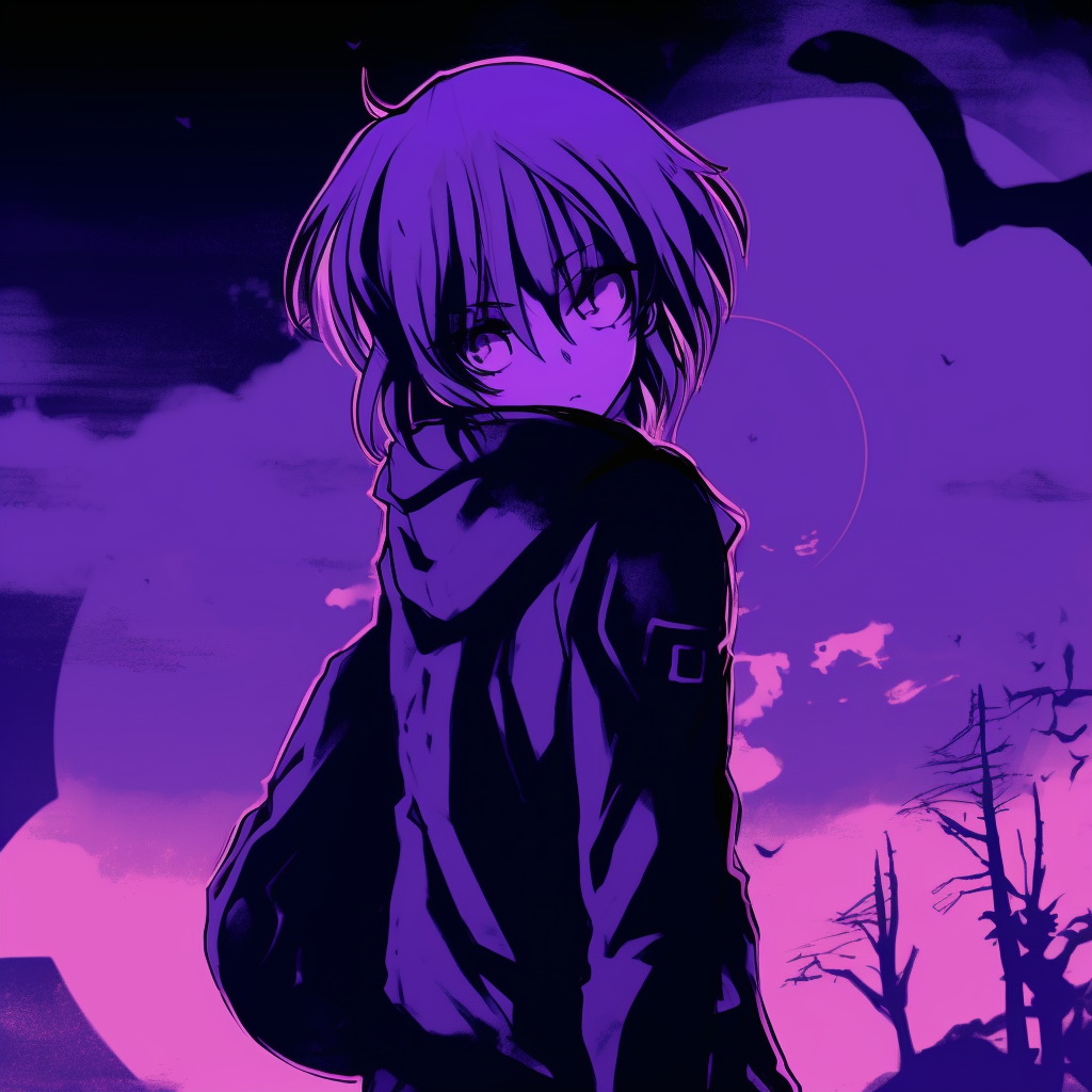 Anime character silhouette against a purple twilight, striking contrast. vibrant purple anime pfp pfp for discord.