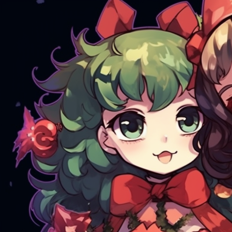 Two Demon Slayer characters under mistletoe, festive colors, and soft shading. matching christmas demon slayer pfp outfits pfp for discord.