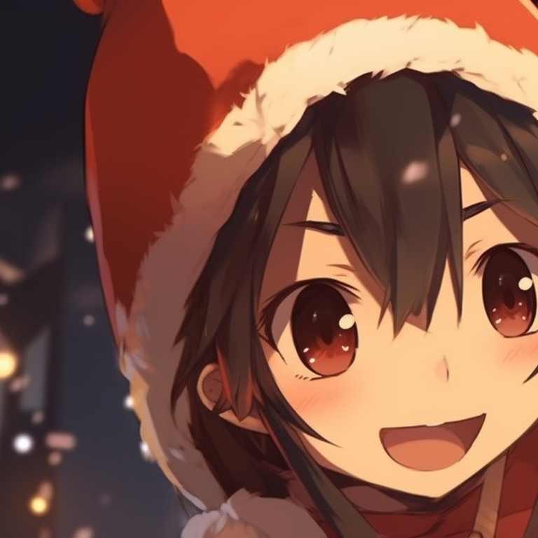 Matching characters in festive winter clothing, surrounded by soft snowfall, draped in a radiant orange glow. festive matching christmas pfp orange images pfp for discord.
