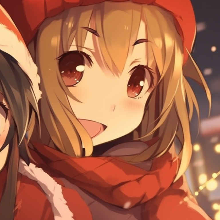 Matching characters in festive winter clothing, surrounded by soft snowfall, draped in a radiant orange glow. festive matching christmas pfp orange images pfp for discord.