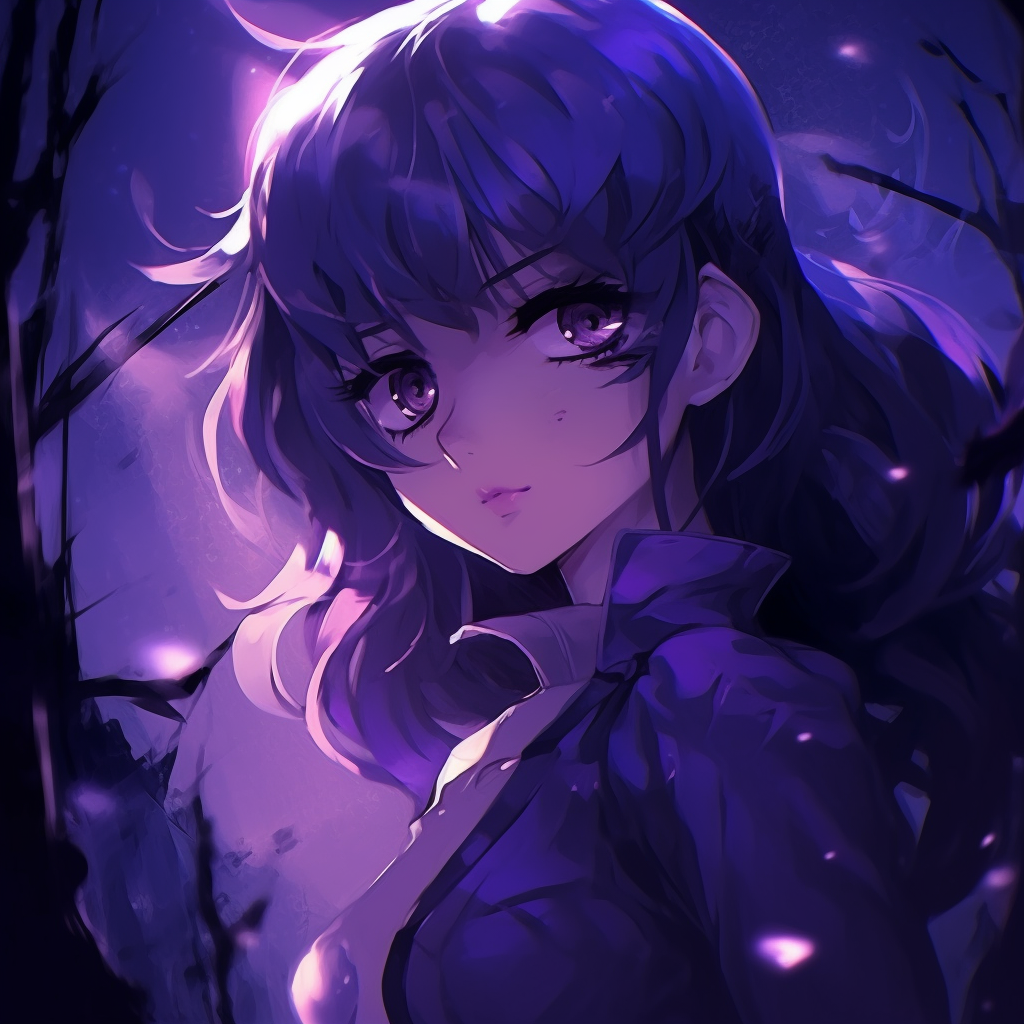 An anime picture encapsulating a character in a tranquil night setting, emphasized by the deep indigo and purple hues. The character's piercing purple gaze is a focal point in the illustration. anime purple pfp masterpieces pfp for discord.