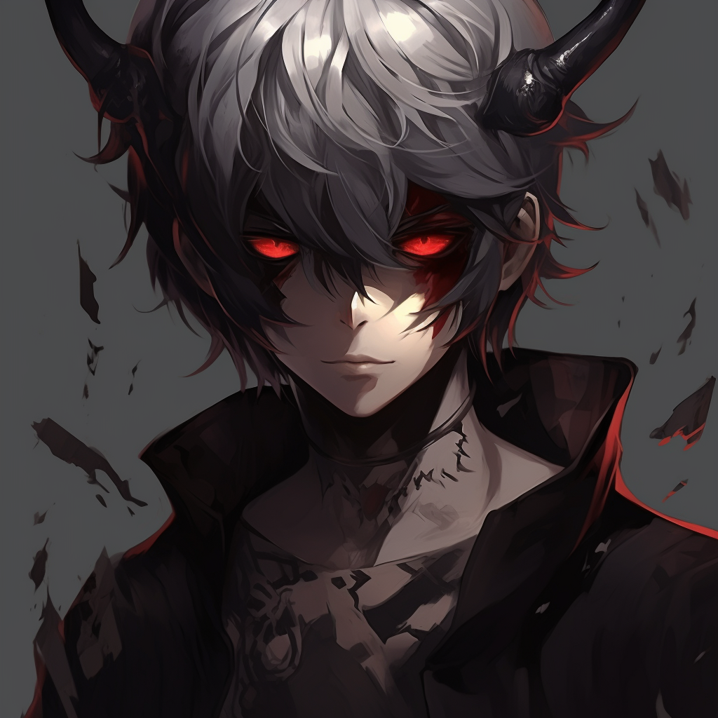 Detailed shot of demon boy with vibrant red eyes, soft lighting and deep shadows. boy demon anime pfp pfp for discord.