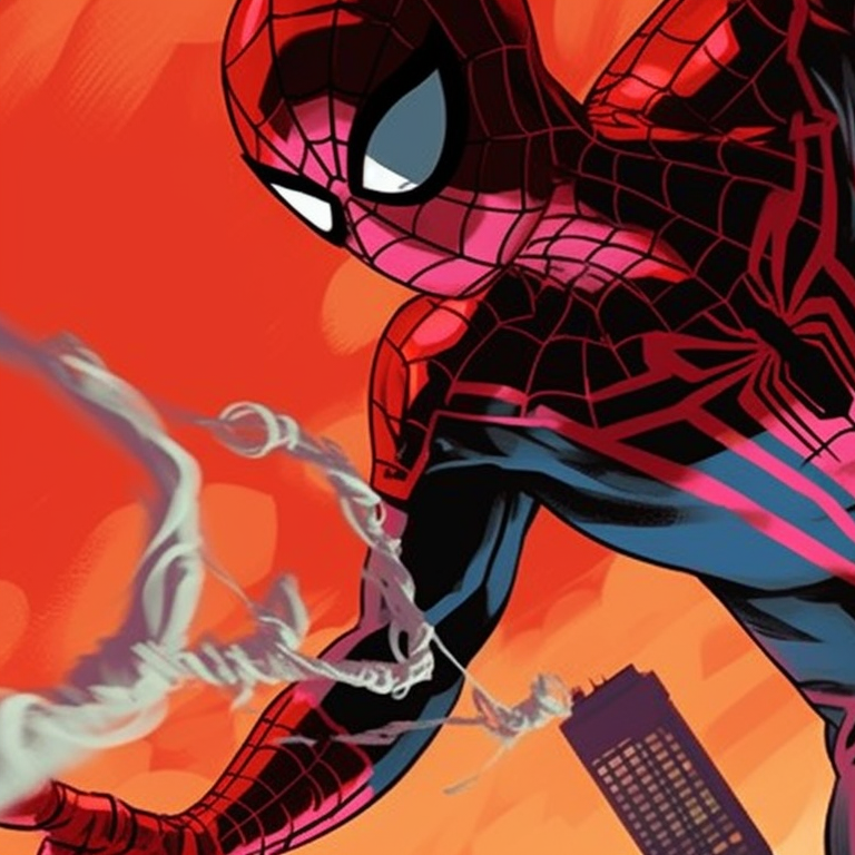 Two characters in Spiderman costumes, comic style, web-slinging across skyscrapers. celebrity spider man matching pfp pfp for discord.