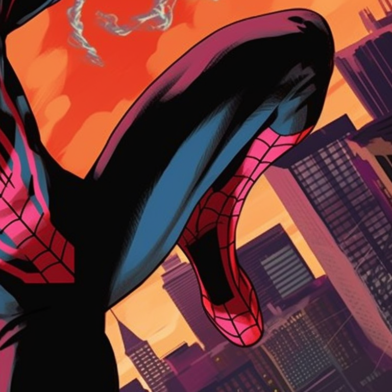 Two characters in Spiderman costumes, comic style, web-slinging across skyscrapers. celebrity spider man matching pfp pfp for discord.