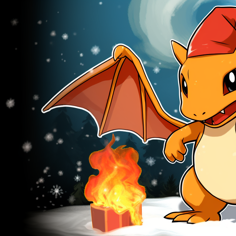 Two Charizards, rich detailing, one with a Santa hat, another with a Christmas candy cane. charizard themed christmas apparel pfp for discord.