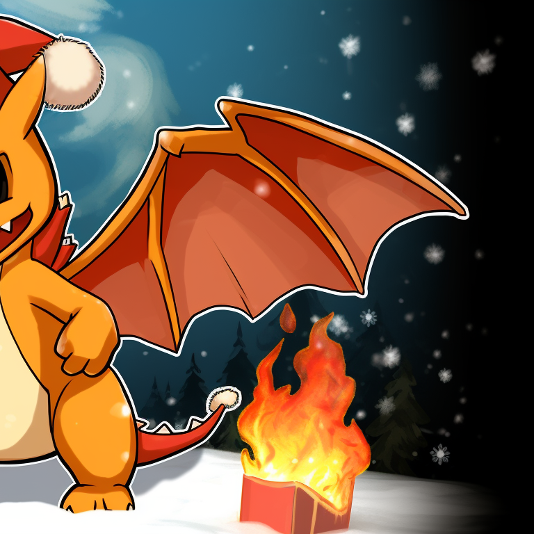 Two Charizards, rich detailing, one with a Santa hat, another with a Christmas candy cane. charizard themed christmas apparel pfp for discord.