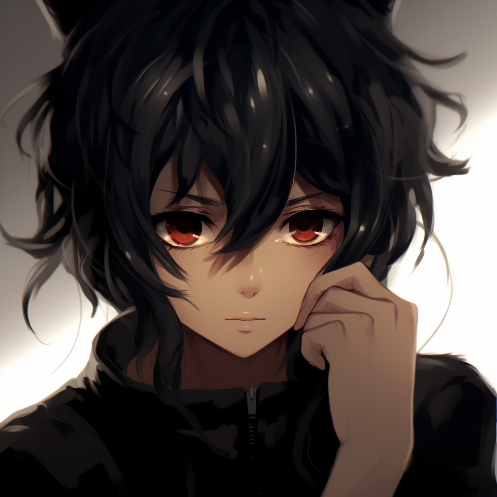 An image of a cute anime girl with black cat ears, lush hair, and big expressive eyes. cute anime black pfp pfp for discord.