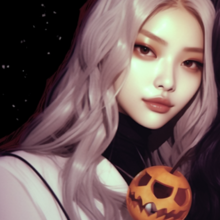 Two idols, decked up in pumpkin-themed costumes, with a playful atmosphere brought by vibrant oranges and greens. guide to creating kpop matching pfp halloween theme pfp for discord.