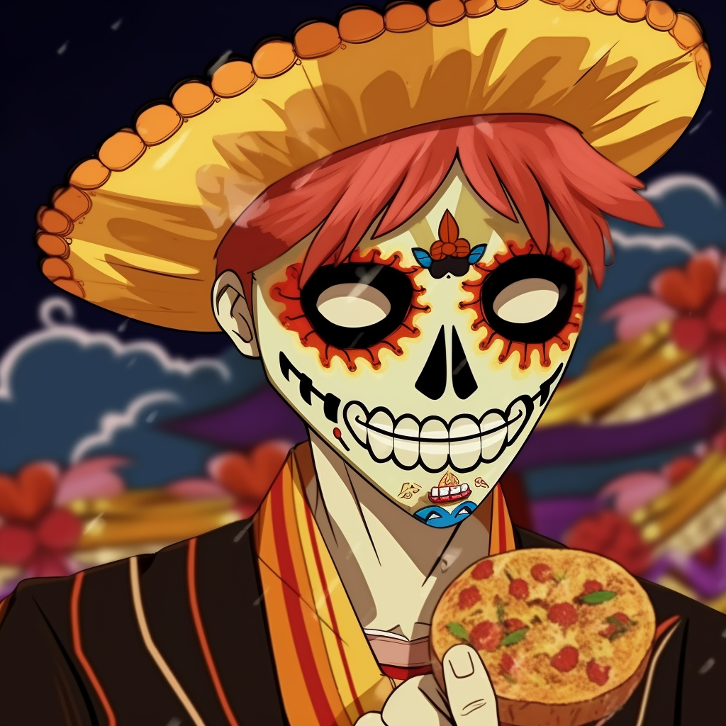 Ichigo Kurosaki from Bleach, adapted into Day of the Dead style with rich and warm colors. mexican anime pfp arts pfp for discord.