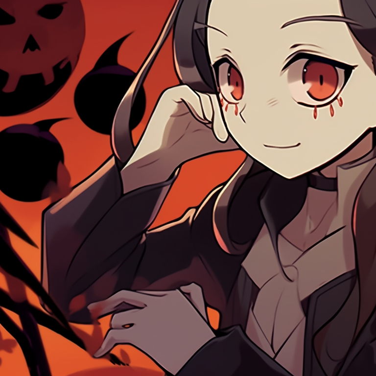 Detailed close-up of Zenitsu and Nezuko, displaying the intricate Halloween-themed accessories and outfits matching profile pictures zenitsu and nezuko pfp for discord.