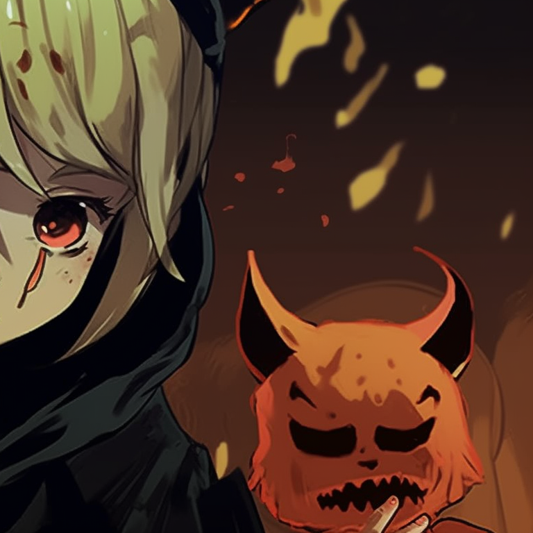 Denji and Power with pumpkin lanterns, a cosy and playful mood achieved with warm hues and hints of shadow. matching pfp halloween theme with denji and power pfp for discord.