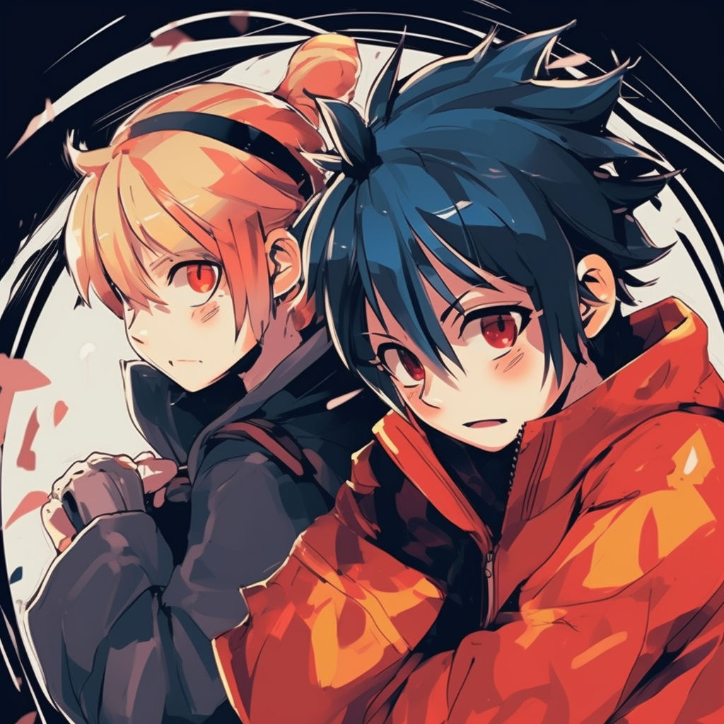 Close up of Naruto and Sasuke, detailed outlines and high contrast. unforgettable matching anime pfp for friends