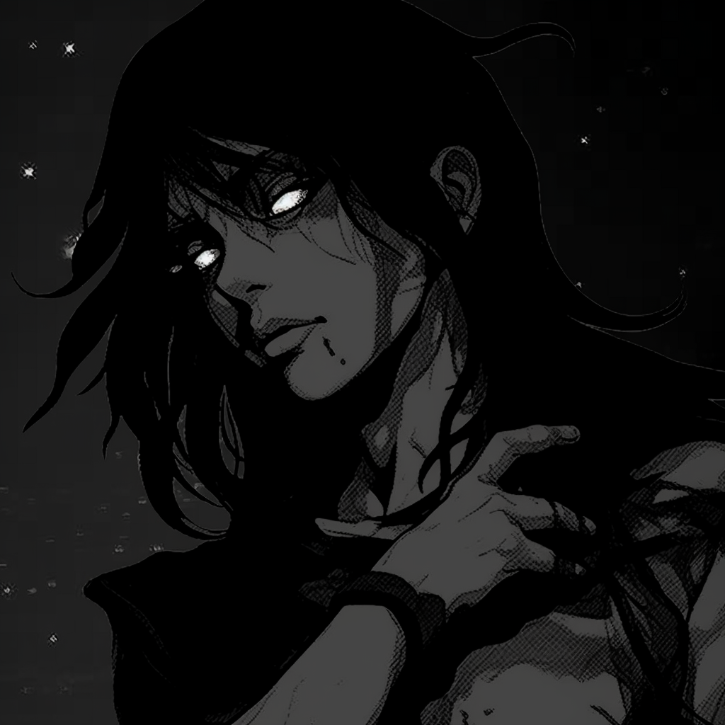 Close-up of an anime character's darkened eyes, emphasizing on the depths of darkness. monochromatic dark aesthetic pfp pfp for discord.