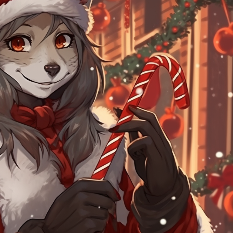 Wolf duo against a twilight sky, contrasting cool and warm Christmas lights, shade play and details highlighted. artistic matching christmas wolf pfp pfp for discord.