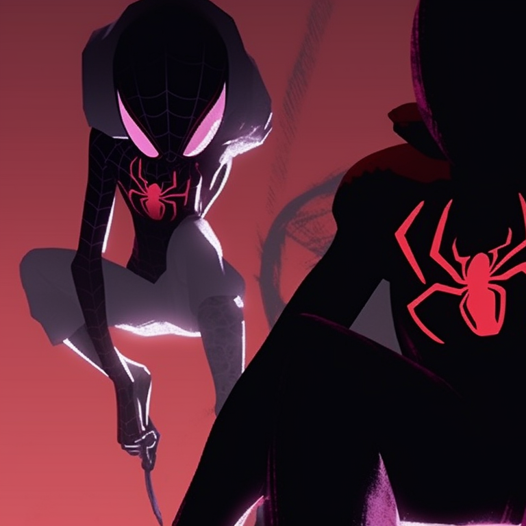 Gwen and Miles masked and back-to-back, under a moonlit, Halloween themed sky. spider gwen halloween pfp pfp for discord.