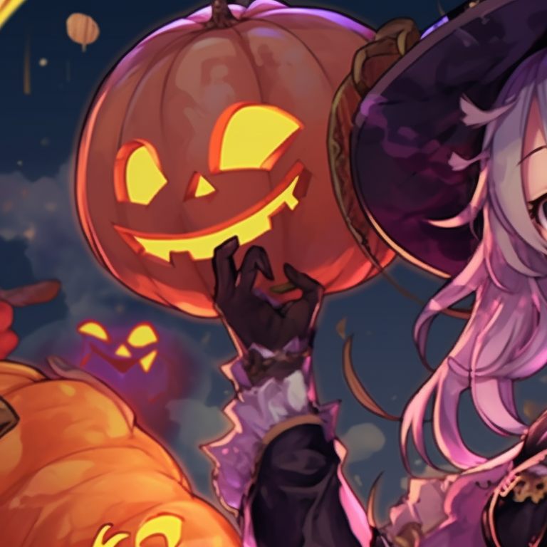 Two characters engaged in conversation, bold colors and Halloween candy motifs. project sekai halloween themed profile pictures pfp for discord.