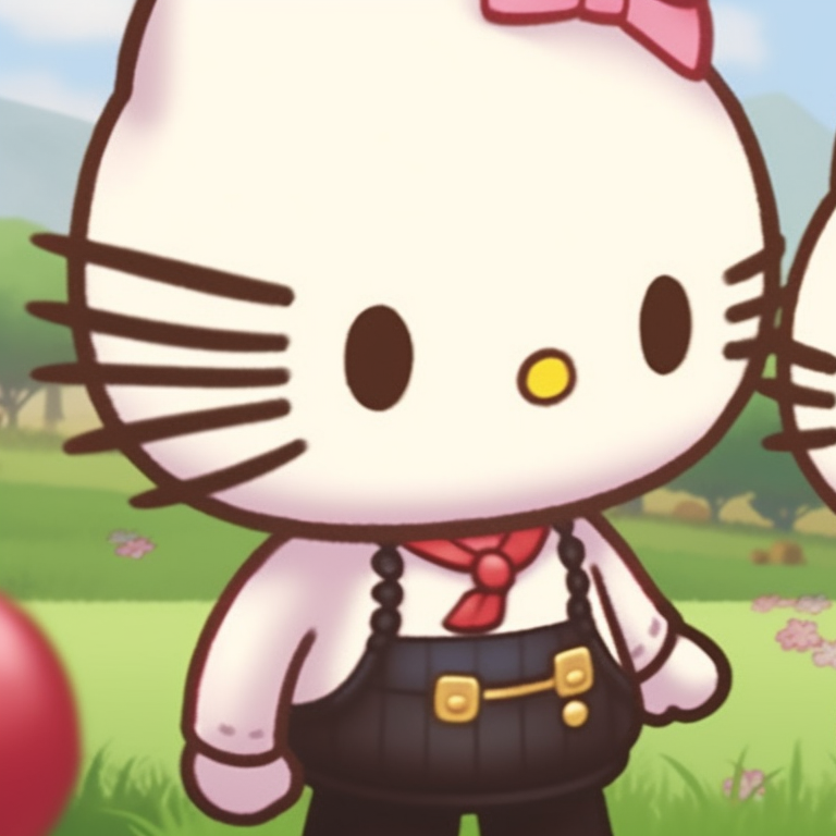 Hello Kitty and a friend on a rainbow, bright colors and a carefree mood, with a gently colored sky in the background. hello kitty and friends matching pfp pfp for discord.