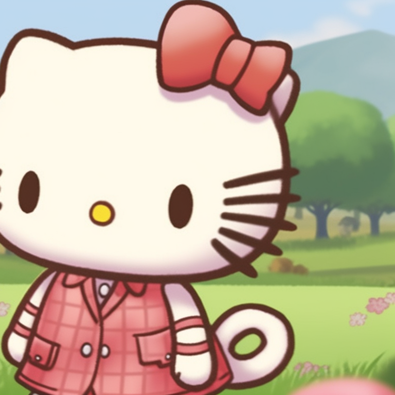 Hello Kitty and a friend on a rainbow, bright colors and a carefree mood, with a gently colored sky in the background. hello kitty and friends matching pfp pfp for discord.