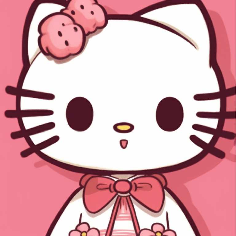 Two characters in vintage outfits, bold polka dots and stripes with Hello Kitty brooches. hello kitty aesthetic matching pfp pfp for discord.