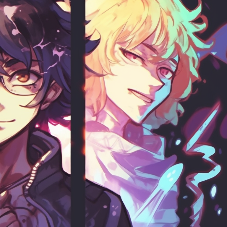 Three animated characters in vibrant hues set against a fantasy backdrop. cool matching trio pfp designs pfp for discord.