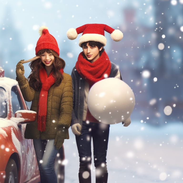 Two characters making a pinky promise, with a holiday-themed scenery and a rustic car in the background. beloved holiday car matching guides pfp for discord.