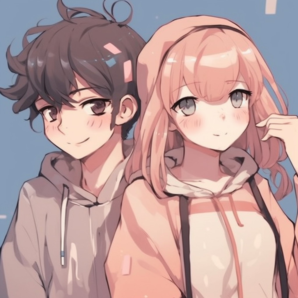 Anime boy and girl in matching composition, bright and warm colors with detailed expressions. friends anime matching pfp: boy and girl