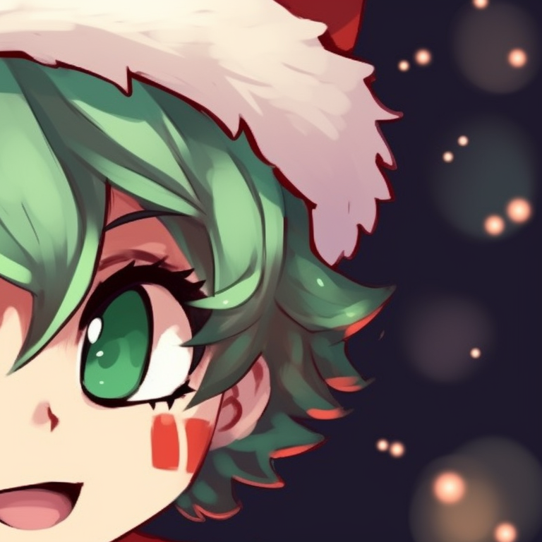 Two characters in their school uniforms, with Christmas-themed book covers and a soft snowfall background. cute christmas my hero academia pfps pfp for discord.