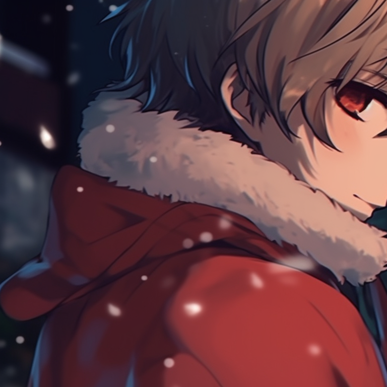 Two characters huddled up, traditional Christmas colors with soft shading. wonderful matching christmas pfp aesthetic pfp for discord.