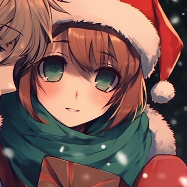 Two characters huddled up, traditional Christmas colors with soft shading. wonderful matching christmas pfp aesthetic pfp for discord.