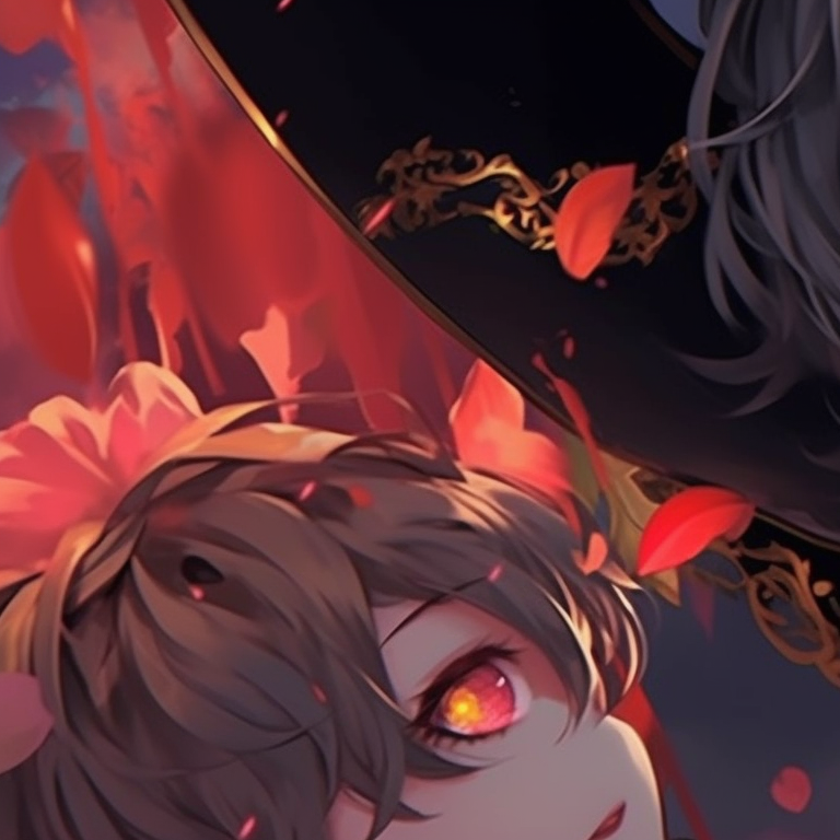 Two jesters with contrasting color schemes, detailed patterns and exaggerated expressions, standing back-to-back. top matching pfp for couples in anime halloween theme pfp for discord.