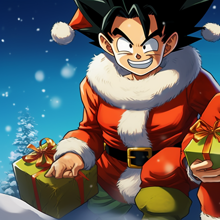 Two characters exchanging gifts, earth tones and soft lighting. top matching christmas dragon ball pfp themes pfp for discord.