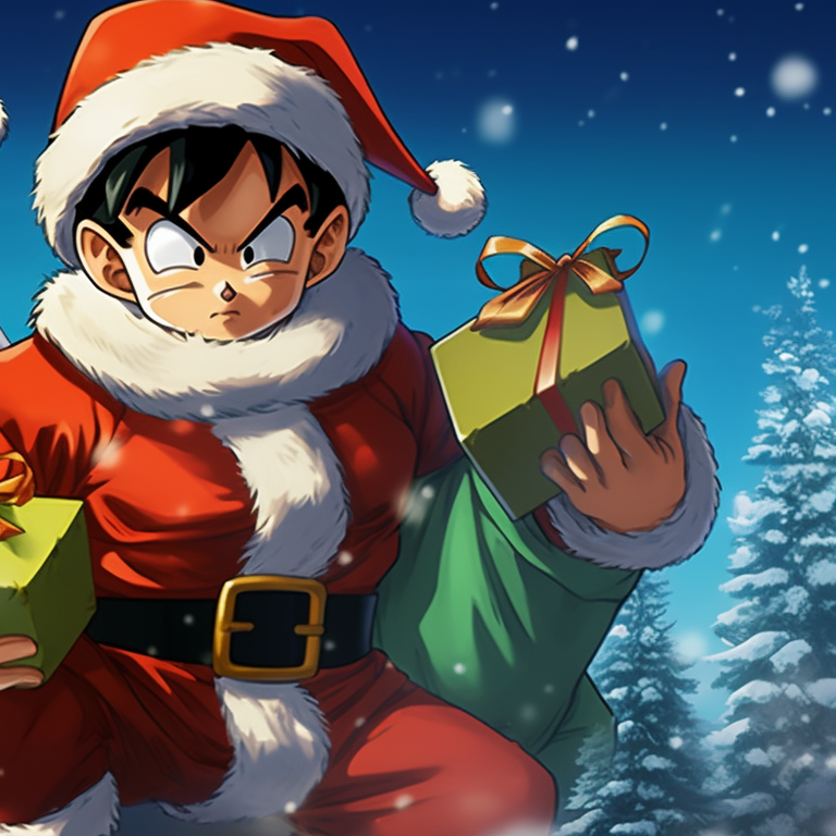 Two characters exchanging gifts, earth tones and soft lighting. top matching christmas dragon ball pfp themes pfp for discord.