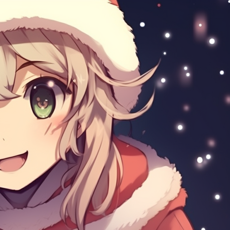 Close-up of two characters in elf attires, colorful and playful elements stand out. kawaii matching christmas pfp - anime style pfp for discord.