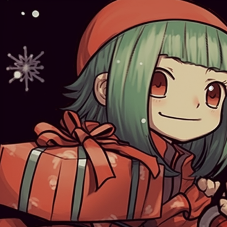 Two characters celebrating with Naruto themed Christmas sweaters, warm tones and cheerful expressions. naruto themed matching christmas profile pictures pfp for discord.