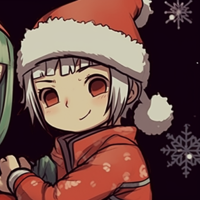 Two characters celebrating with Naruto themed Christmas sweaters, warm tones and cheerful expressions. naruto themed matching christmas profile pictures pfp for discord.