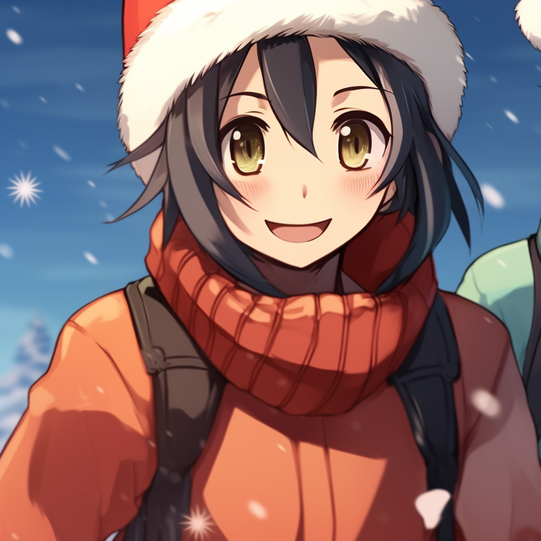 Two characters walking side by side in a snow-filled backdrop, artic tones adorning the scene, half-hearted grins evident on their faces. iconic matching christmas art pfp pfp for discord.