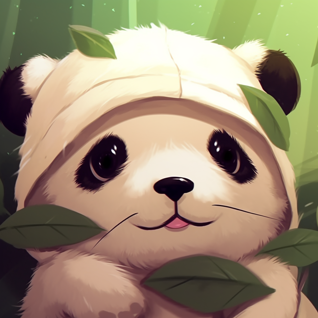 Anime profile picture of a happy panda munching on bamboo, vivid greens and expressive eyes. matching cute animal pfp set