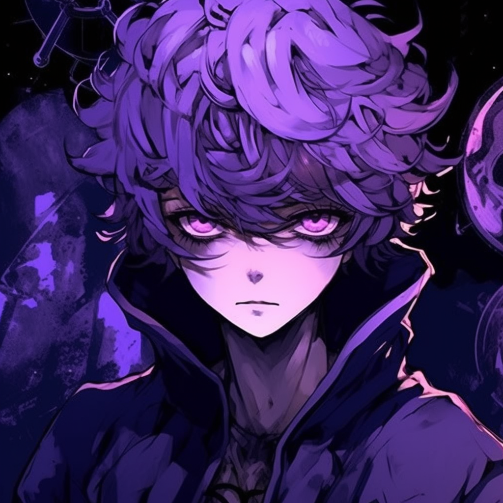 Silhouette of an anime boy set against a deep purple sky, emphasising the dramatic shadowing and colorful gradient. stunning purple anime pfp boys