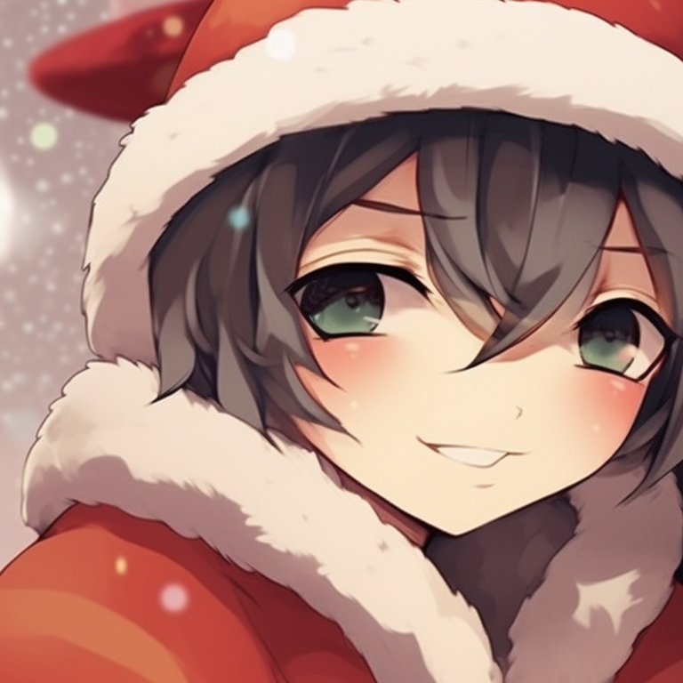 Two characters in Santa hats, soft fuzzy texture, playful moments on display. top matching christmas anime boy pfp pfp for discord.