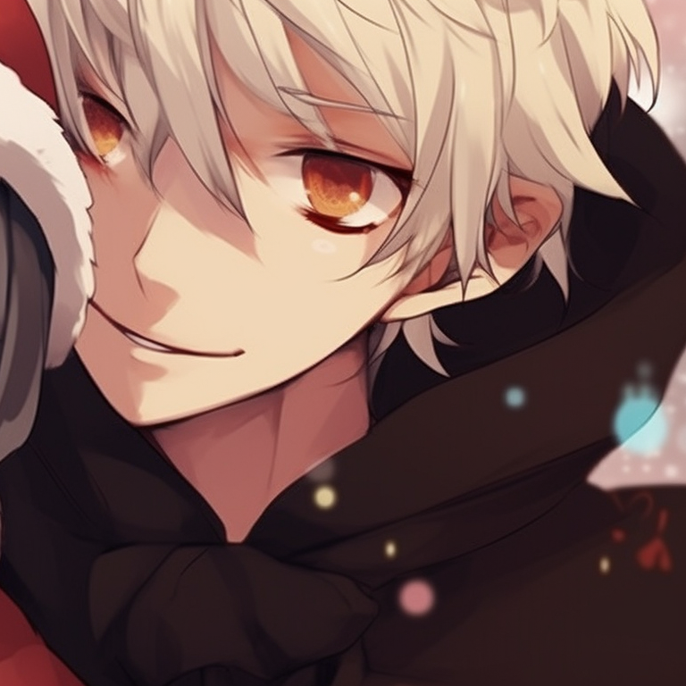 Two characters in Santa hats, soft fuzzy texture, playful moments on display. top matching christmas anime boy pfp pfp for discord.