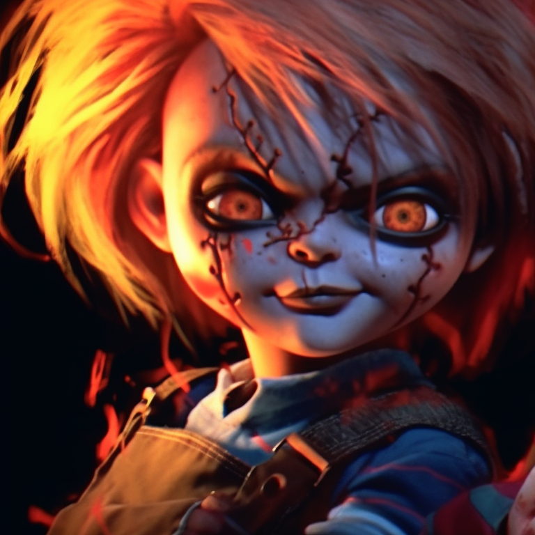 Chucky and Tiffany on a detailed gothic background, intense stare creating a chilling ambiance. halloween matching pfp: chucky and tiffany theme pfp for discord.