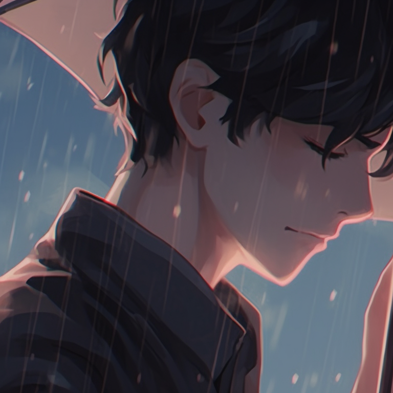 Two characters under an umbrella, raindrops details and soft hues. romantic couple match pfp pfp for discord.