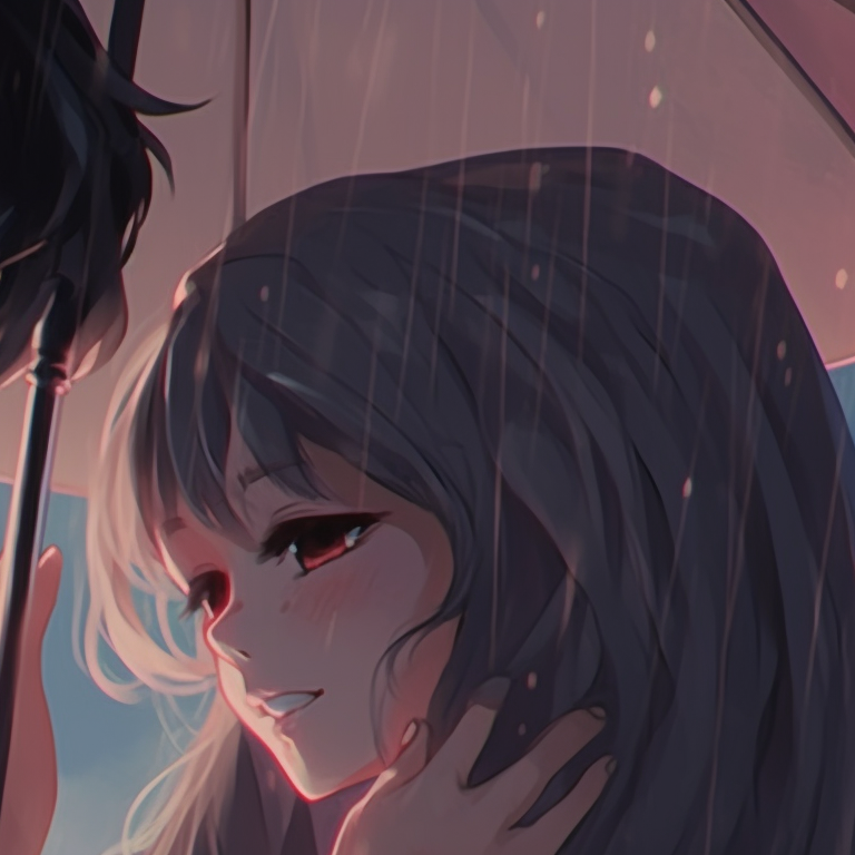 Two characters under an umbrella, raindrops details and soft hues. romantic couple match pfp pfp for discord.