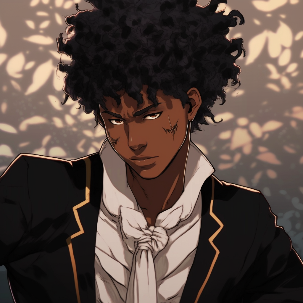 Close-up portrait of black anime boy, showcasing the nuances of the character design. alluring black anime boy characters pfp