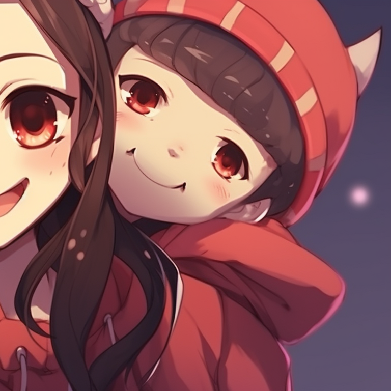 Nezuko and a fellow demon adorned in matching Christmas hats, rich, warm color palette and smooth, crisp lines. nezuko-themed matching christmas pfp pfp for discord.
