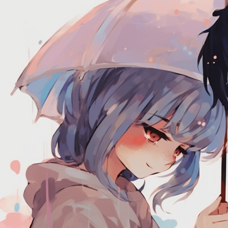 Characters under a shared umbrella, rendered in soft hues and watercolor-like textures. anime couples matching pfp for lovebirds pfp for discord.