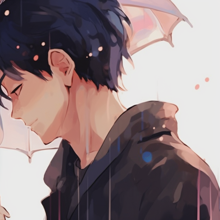 Characters under a shared umbrella, rendered in soft hues and watercolor-like textures. anime couples matching pfp for lovebirds pfp for discord.