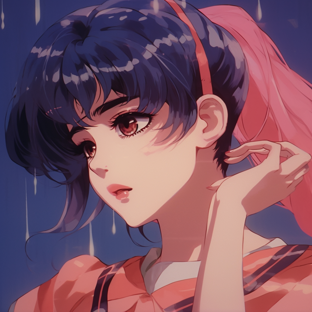 Anime character from a nostalgic series of the 90s, encompassing detailed hair work and a serene expression. 90s anime pfp girl with aesthetic visuals