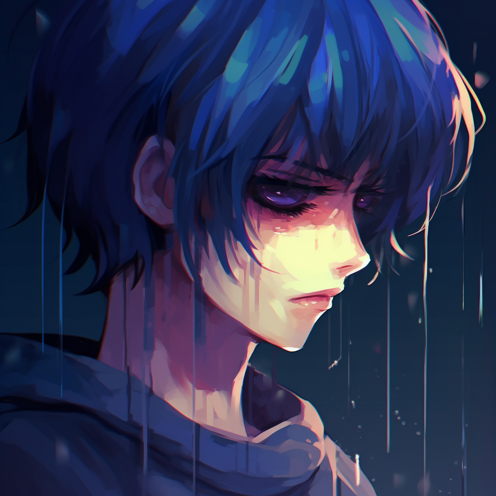 Side view of an anime character's face, heavy emphasis on the melancholic eye expression, muted colors and soft shading. depicted sadness in anime pfp