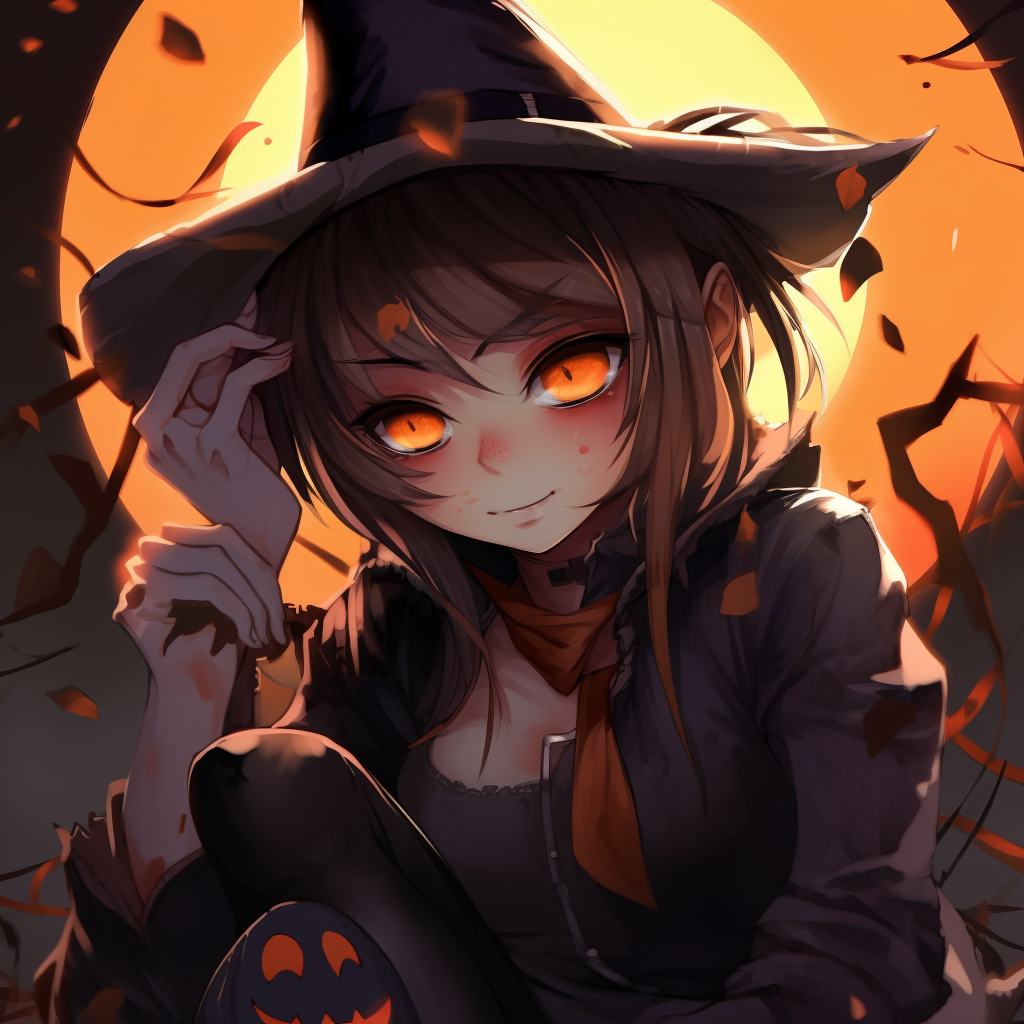 Anime girl exhibiting a mysterious aura in witch costume, soft shading and vibrant colors. halloween pfp anime girls
